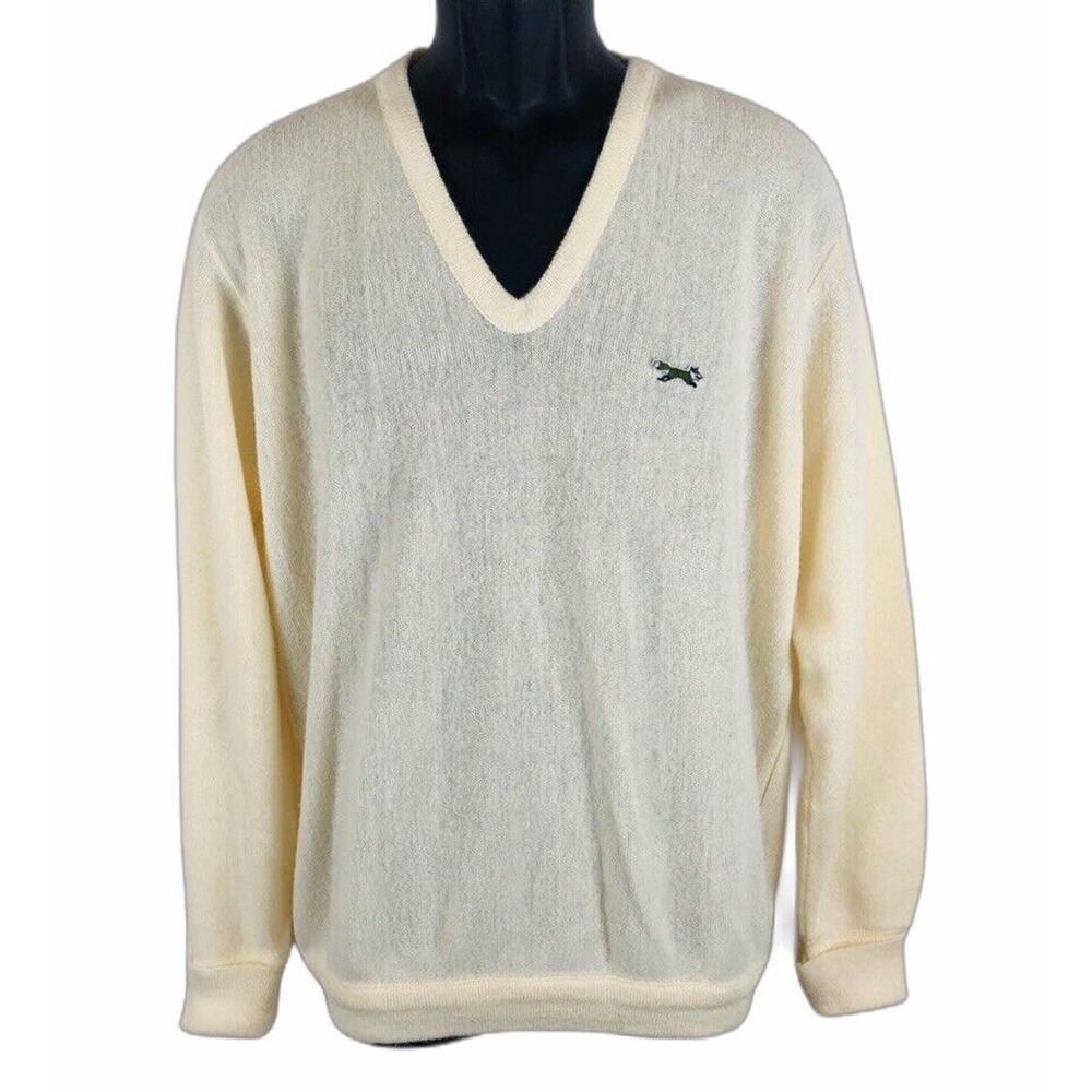 Mens Vintage JC Penny The Fox Sweater Preppy Ivory Acrylic Knit V Neck